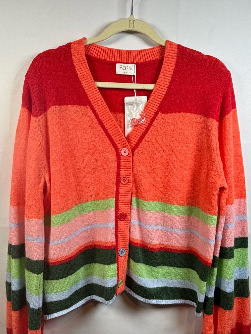 Fate Striped V-Neck Cardigan Sweater - Red, Orange & Multi